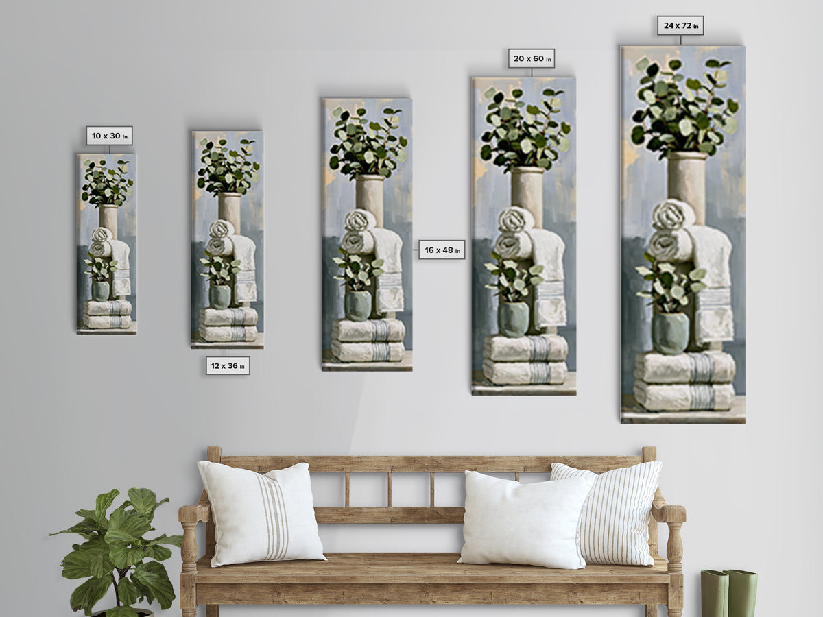 White Towels and Eucalyptus Without Room Context Framed Canvas Print, Spa Art, Wall Art Print, Spa Decor, Fine Art, Serenity, SPA-1x3-36