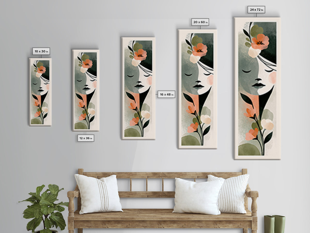 Minimal Face with Closed Eyes and Flowers Framed Canvas Print, Spa Art, Esthetician Decor, Spa Decor, Oil Painting, Serenity, SPA-1x3-79