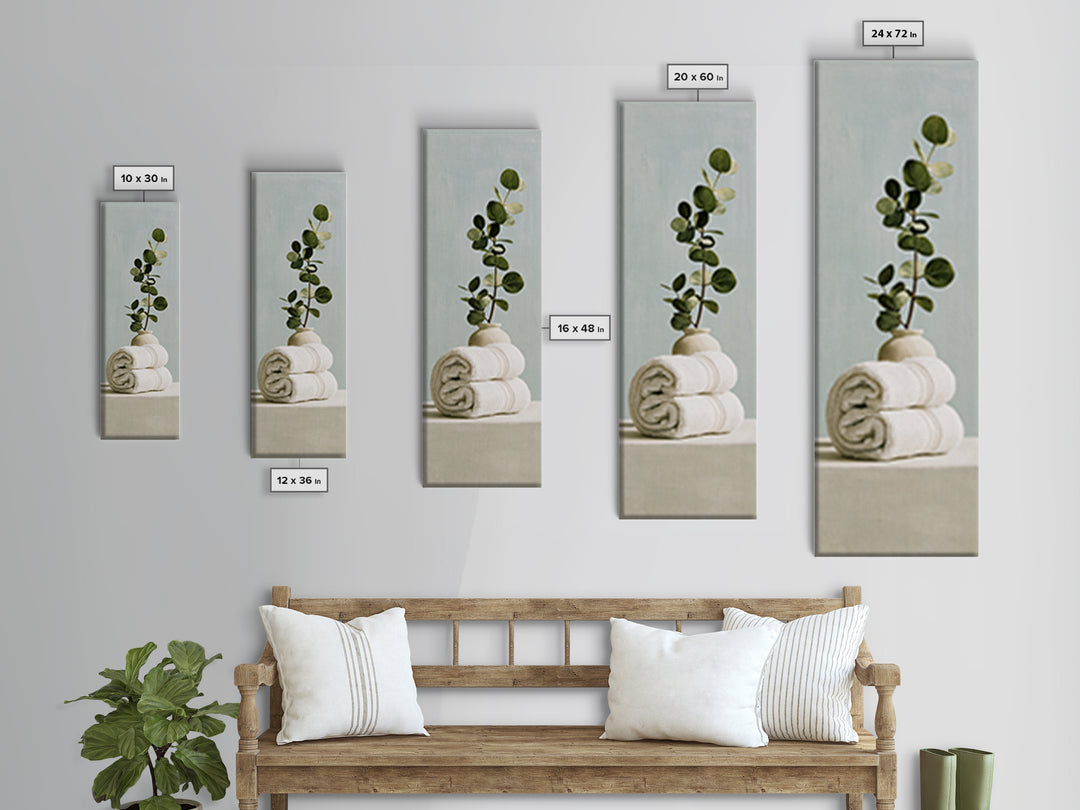 White Towels and Eucalyptus Without Room Context Framed Canvas Print, Spa Art, Fine Art Photography, Spa Decor, Serenity, SPA-1x3-84