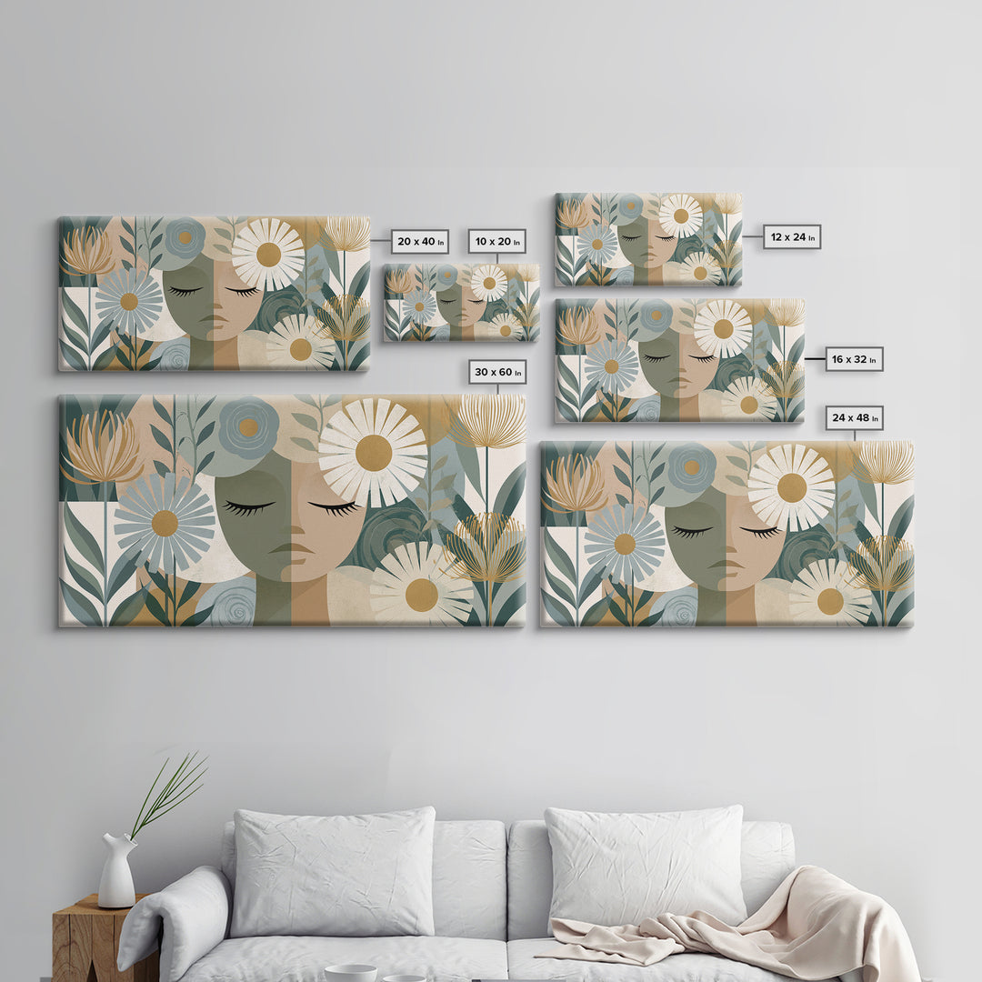 Minimal Face with Closed Eyes and Flowers Framed Canvas Print, Spa Art, Home Decor, Spa Decor, Fine Art, Serenity, Dog Wall Art, SPA-2x1-15