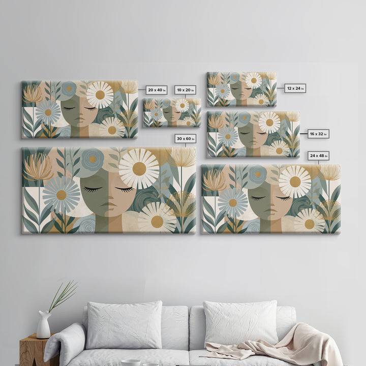Minimal Face with Closed Eyes and Flowers Framed Canvas Print, Spa Art, Home Decor, Spa Decor, Fine Art, Serenity, Dog Wall Art, SPA-2x1-15
