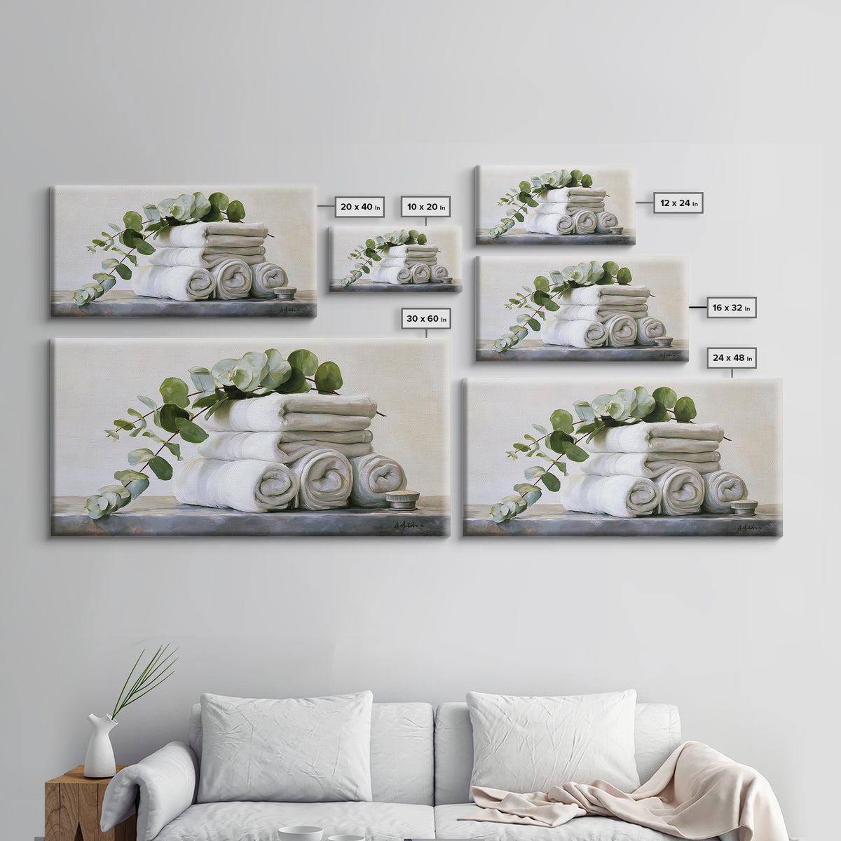 White Towels and Eucalyptus Without Room Context Framed Canvas Print, Spa Art, Statement Artwork, Spa Decor, Fine Art, Serenity, SPA-2x1-20