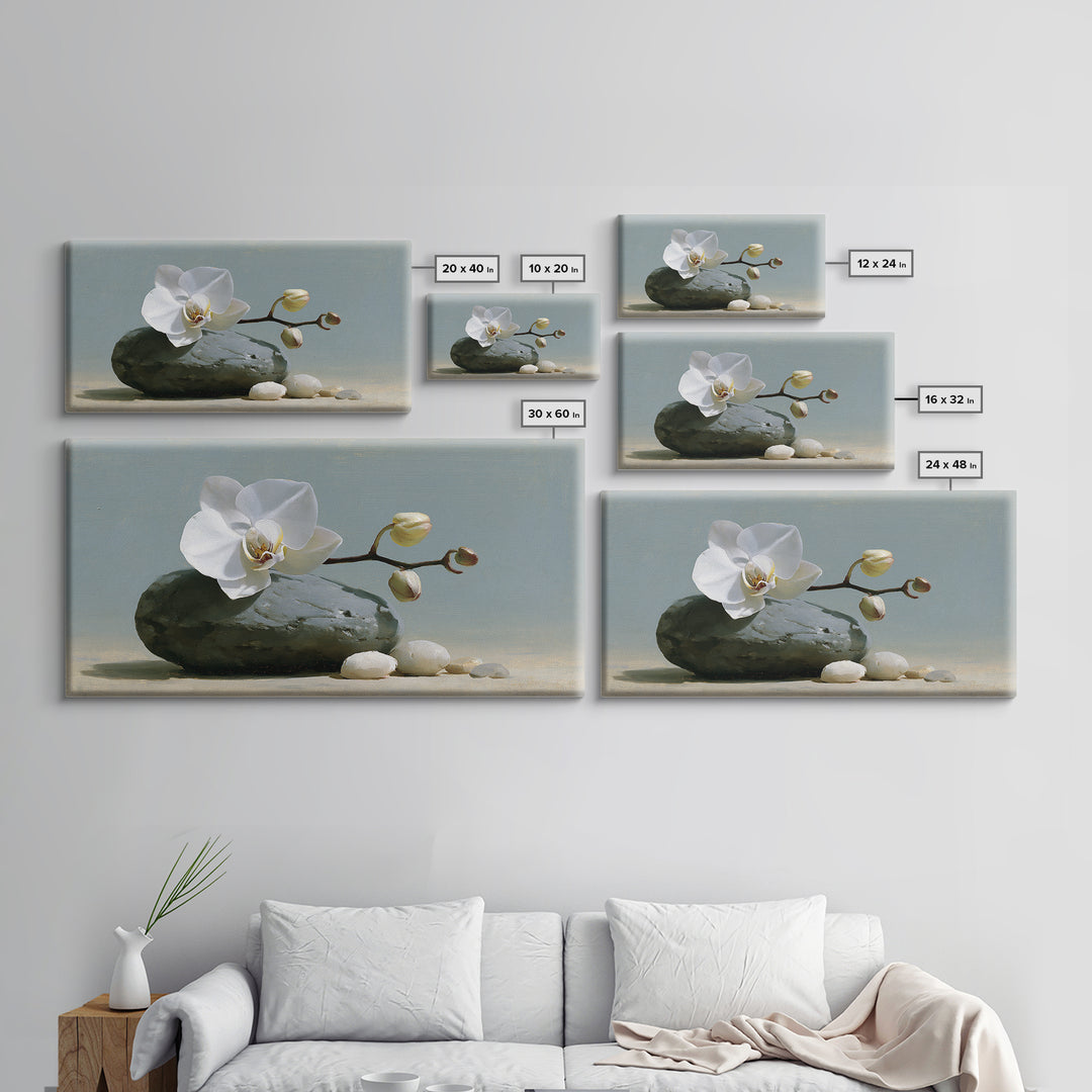 White Orchid on Smooth Gray Stone Canvas Print, Spa Art, Room Decor, Spa Decor, Serenity, Nature Prints, Travel Poster, SPA-2x1-22