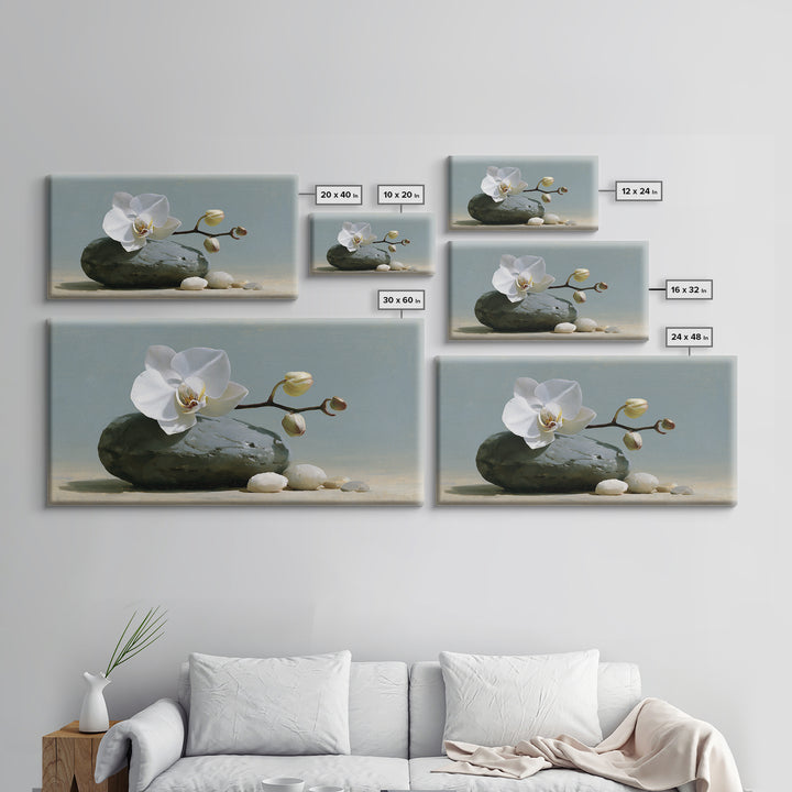 White Orchid on Smooth Gray Stone Canvas Print, Spa Art, Room Decor, Spa Decor, Serenity, Nature Prints, Travel Poster, SPA-2x1-22