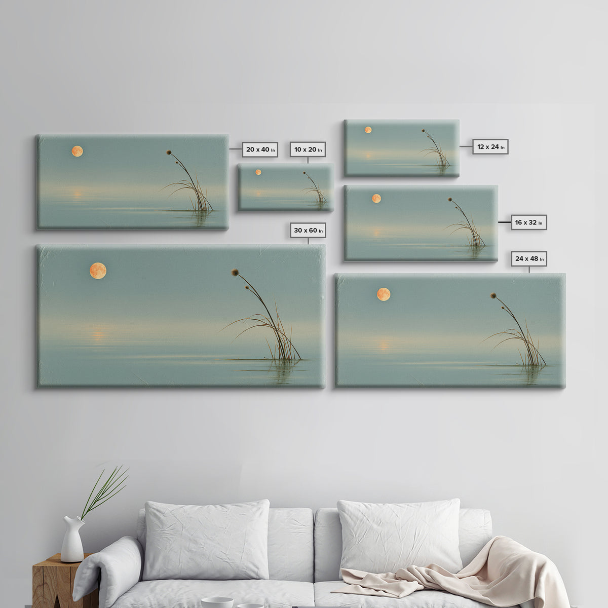 Moonlit Lake Reflection Framed Canvas Print, Spa Art, Botanical Art, Spa Decor, Oil Painting, Serenity, Fashion Wall Art, SPA-2x1-43