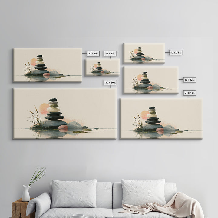 Stacked Stones Beside Calm Water Framed Canvas Print, Spa Art, Spa, Spa Decor, Fine Art, Serenity, Teen Girl Room Decor, SPA-2x1-45