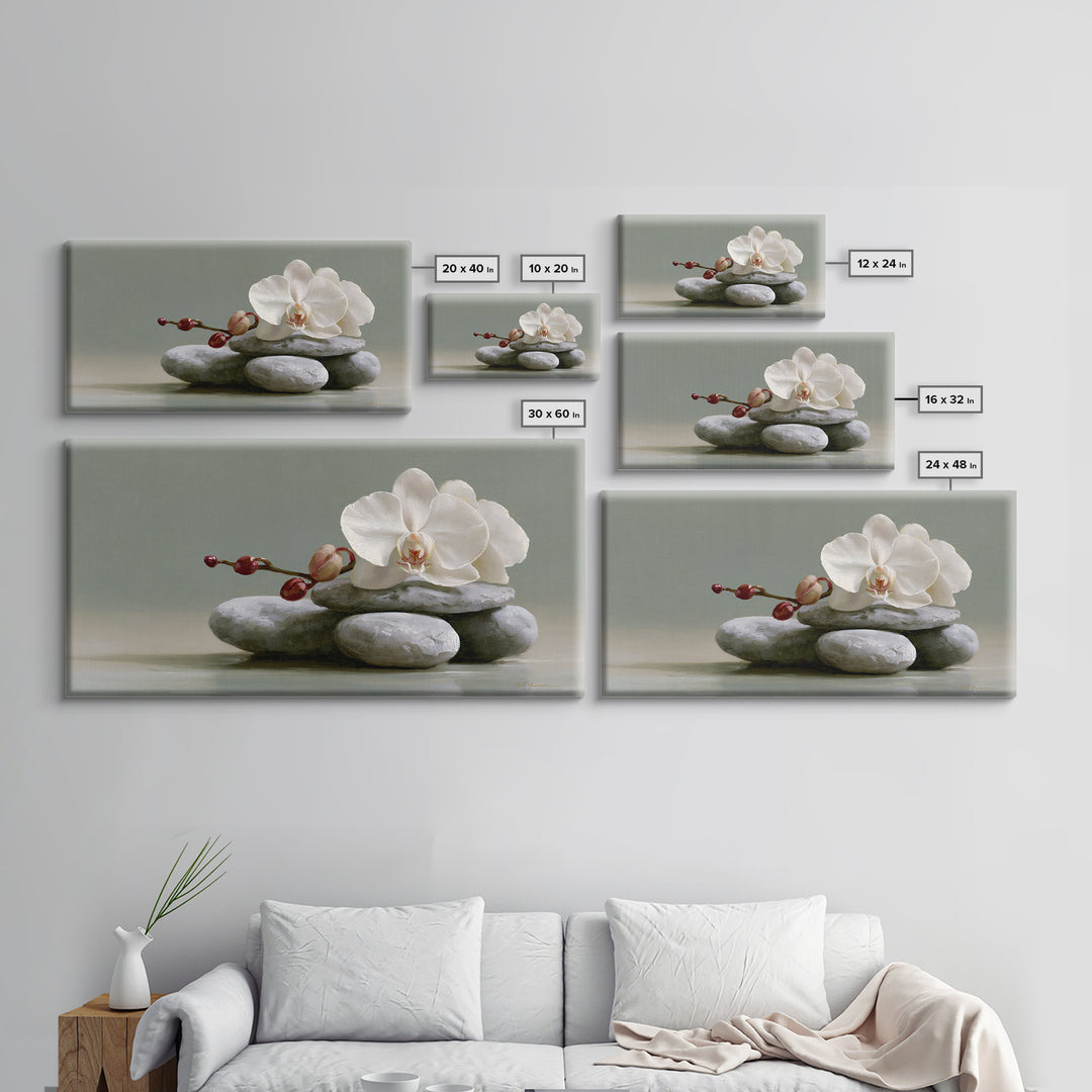 White Orchid on Smooth Gray Stone Framed Canvas Print, Spa Art, Art, Spa Decor, Serenity, Abstract Print, Minimalist Art, SPA-2x1-46
