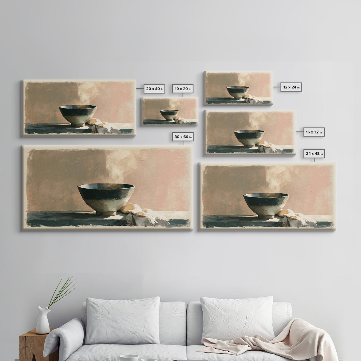 Tea Bowl and Steam Still Life Canvas Print, Spa Art, Spa Decor, Watercolor Art, Serenity, Dog Wall Art, Abstract Print, SPA-2x1-66