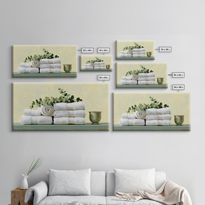White Towels and Eucalyptus Without Room Context Canvas Print, Spa Art, Nature Prints, Spa Decor, Watercolor Art, Serenity, SPA-2x1-68