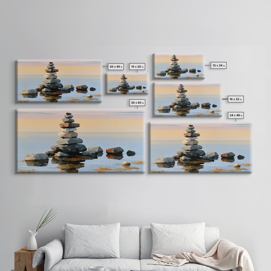 Stacked Stones Beside Calm Water Canvas Print, Spa Art, Animal Art, Spa Decor, Fine Art, Serenity, Gallery Decor, Neutral Decor, SPA-2x1-69
