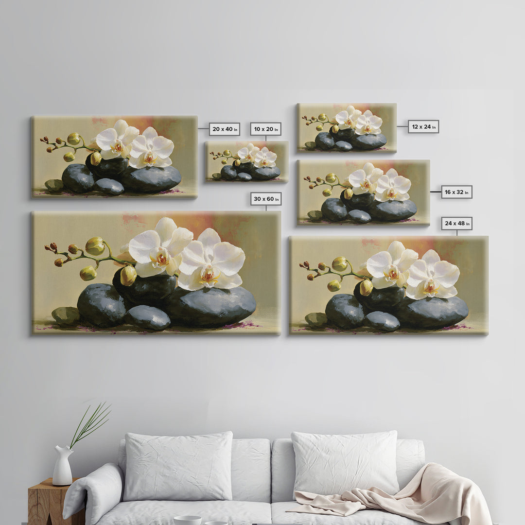 White Orchid on Smooth Gray Stone Canvas Print, Spa Art, Botanical Art, Spa Decor, Fine Art, Serenity, Fashion Wall Art, SPA-2x1-70
