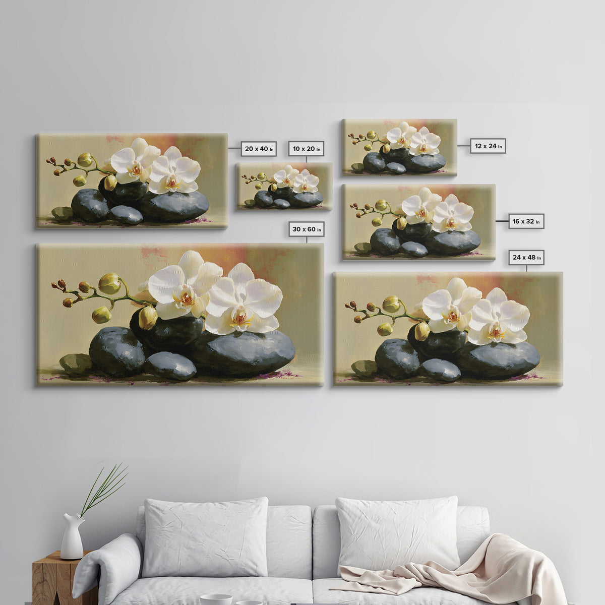 White Orchid on Smooth Gray Stone Canvas Print, Spa Art, Botanical Art, Spa Decor, Fine Art, Serenity, Fashion Wall Art, SPA-2x1-70