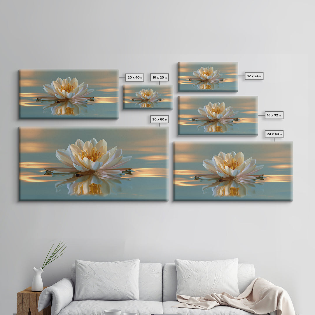 Lotus Flower Floating on Still Pond Framed Canvas Print, Spa Art, Travel Poster, Spa Decor, Watercolor Art, Serenity, SPA-2x1-72
