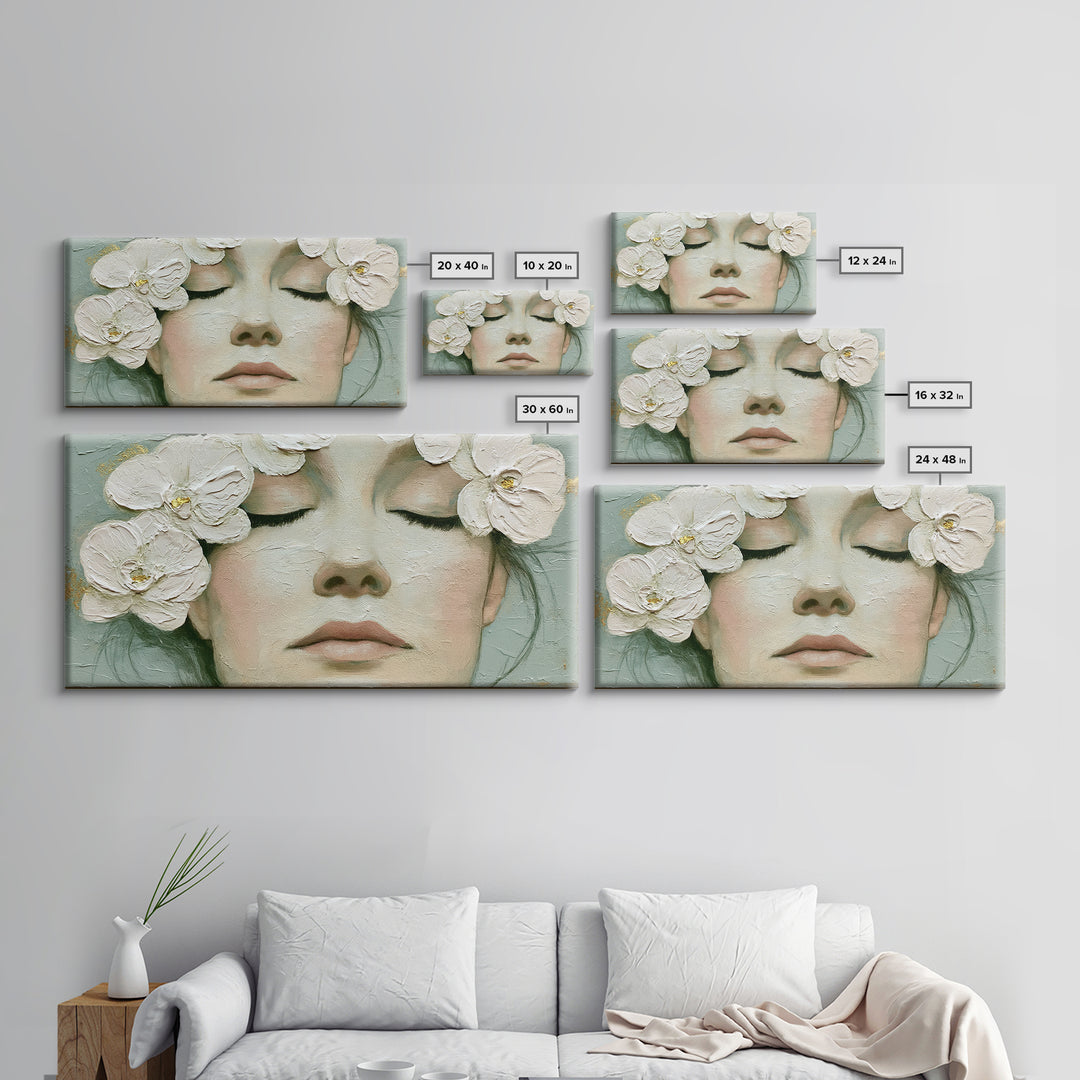 Minimal Face with Closed Eyes and Flowers Framed Canvas Print, Spa Art, Spa Wall Art, Spa Decor, Watercolor Art, Serenity, SPA-2x1-87