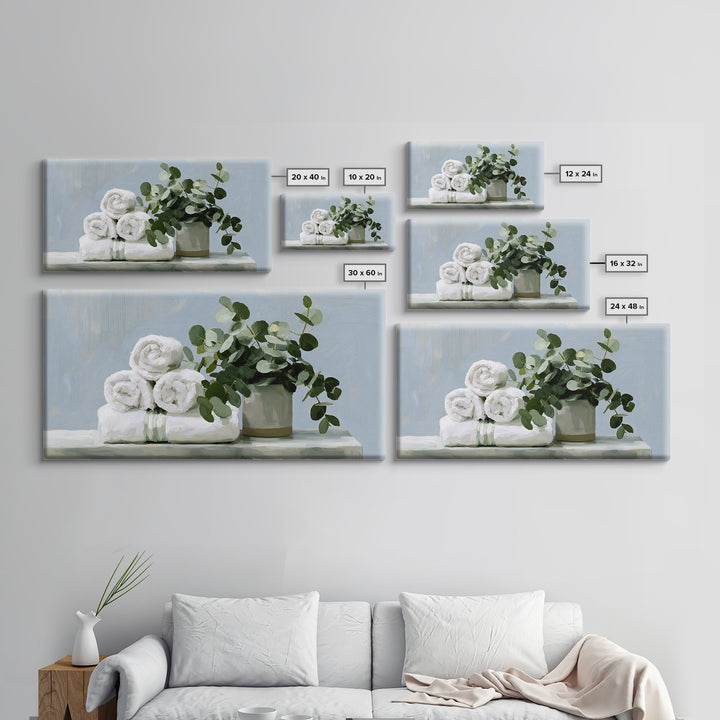 White Towels and Eucalyptus Without Room Context Framed Canvas Print, Spa Art, Abstract Print, Spa Decor, Oil Painting, SPA-2x1-92