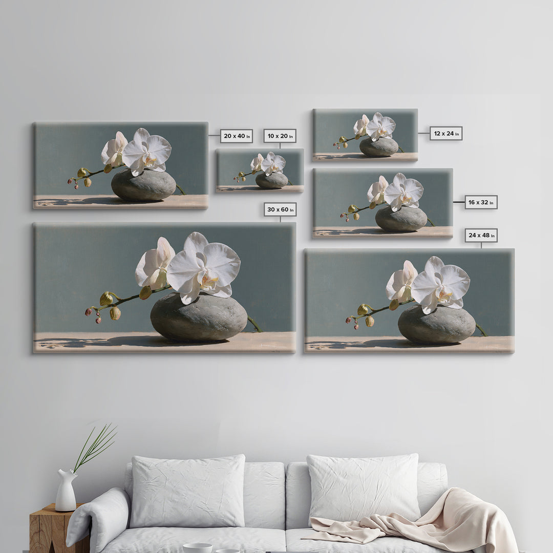 White Orchid on Smooth Gray Stone Canvas Print, Spa Art, Botanical Art, Spa Decor, Fine Art, Serenity, Fashion Wall Art, SPA-2x1-94