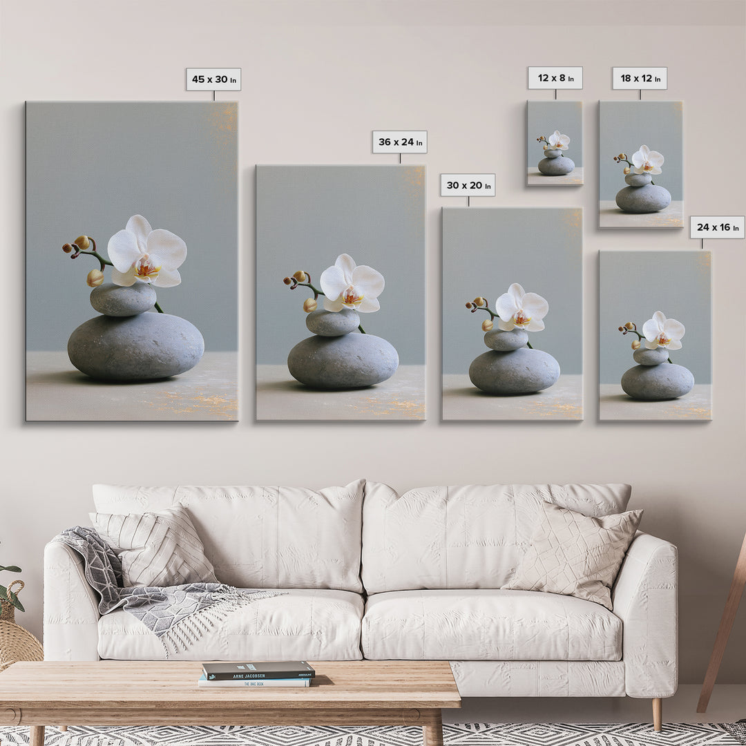 White Orchid on Smooth Gray Stone Canvas Print, Spa Art, Minimalist Decor, Spa Decor, Fine Art, Serenity, Contemporary Art, SPA-2x3-10