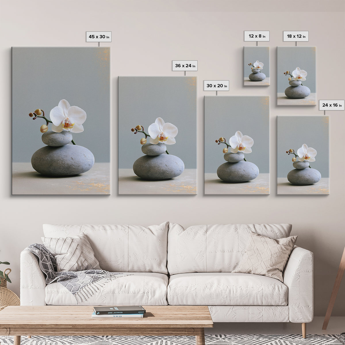 White Orchid on Smooth Gray Stone Canvas Print, Spa Art, Minimalist Decor, Spa Decor, Fine Art, Serenity, Contemporary Art, SPA-2x3-10