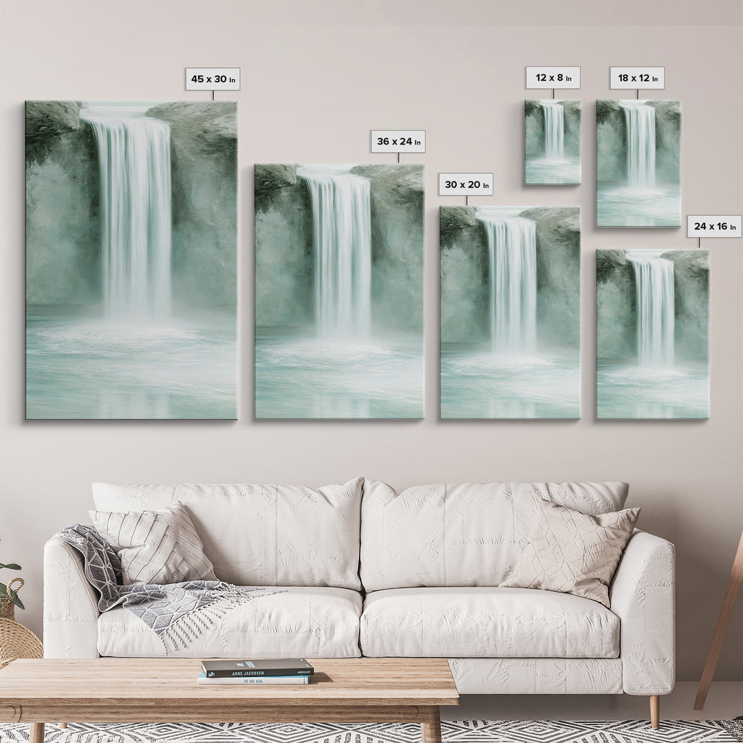 Serene Waterfall with Mist Framed Canvas Print, Spa Art, Textured Painting, Spa Decor, Abstract Art, Serenity, Travel Poster, SPA-2x3-2