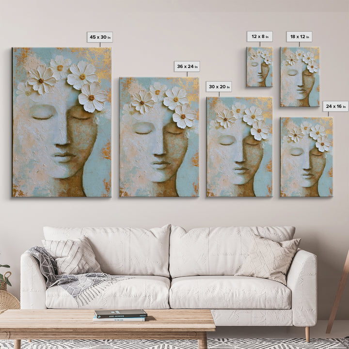 Minimal Face with Closed Eyes and Flowers Framed Canvas Print, Spa Art, Art Print, Spa Decor, Watercolor Art, Serenity, SPA-2x3-3