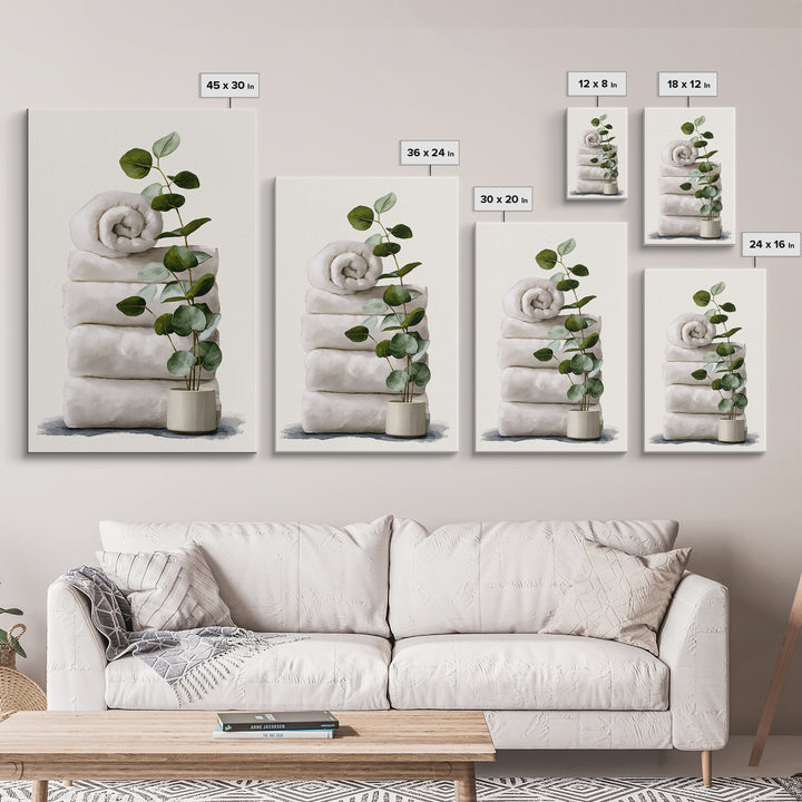 White Towels and Eucalyptus Without Room Context Canvas Print, Spa Art, Statement Artwork, Spa Decor, Fine Art, Serenity, SPA-2x3-32