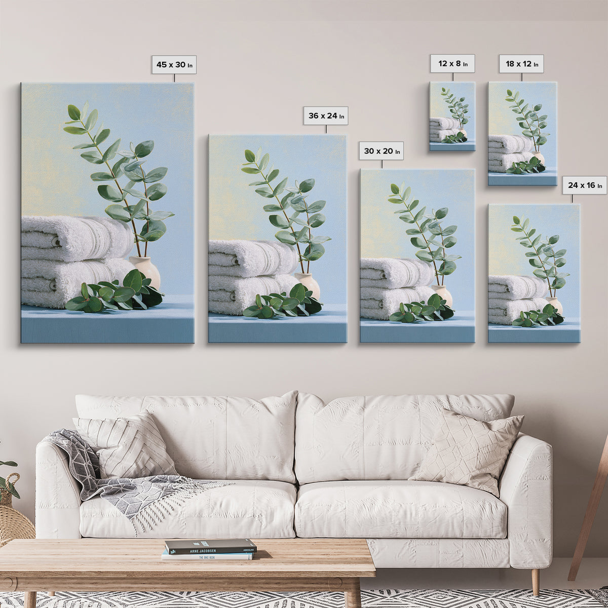 White Towels and Eucalyptus Without Room Context Framed Canvas Print, Spa Art, Spa Decor, Abstract Art, Serenity, SPA-2x3-56