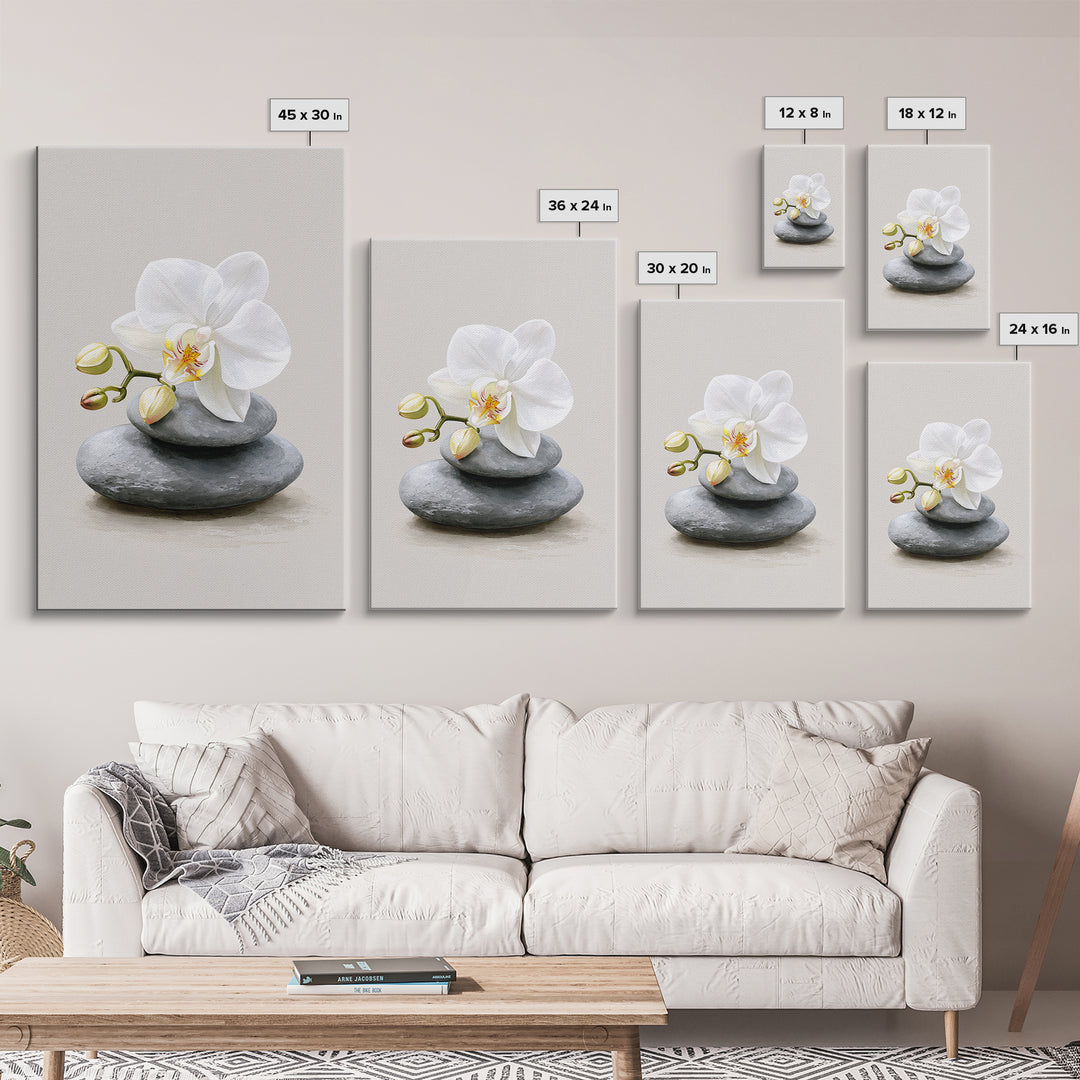 White Orchid on Smooth Gray Stone Canvas Print, Spa Art, Abstract, Spa Decor, Fine Art, Serenity, City Art, Spa Wall Art, SPA-2x3-58