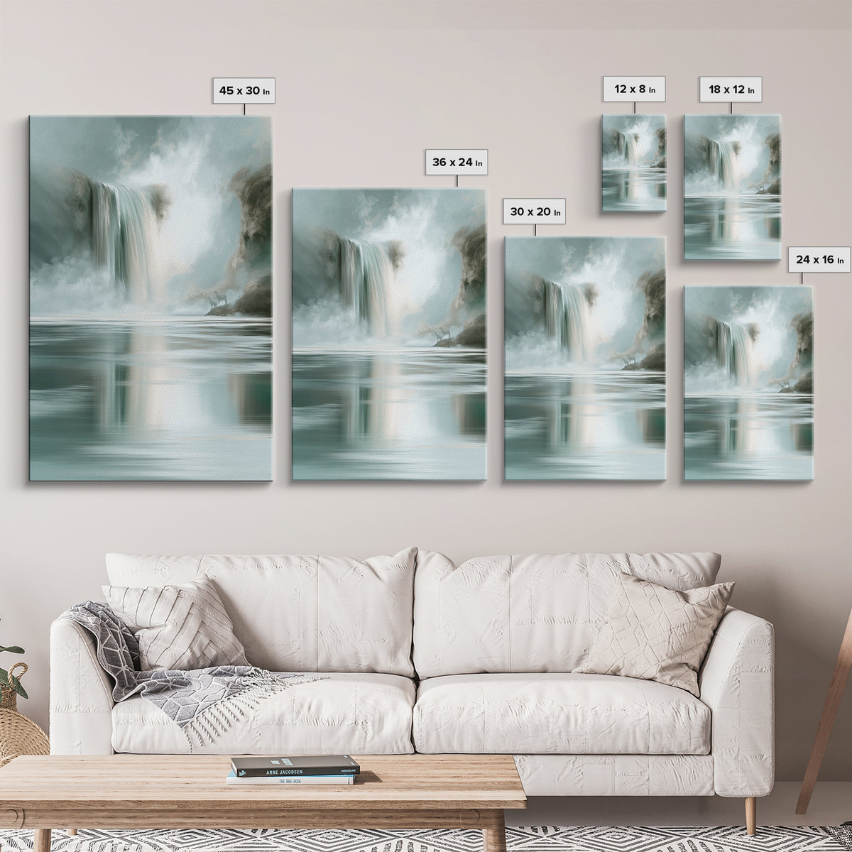 Serene Waterfall with Mist Framed Canvas Print, Spa Art, Nature Prints, Spa Decor, Watercolor Art, Serenity, Dog Groomer Gifts, SPA-2x3-74