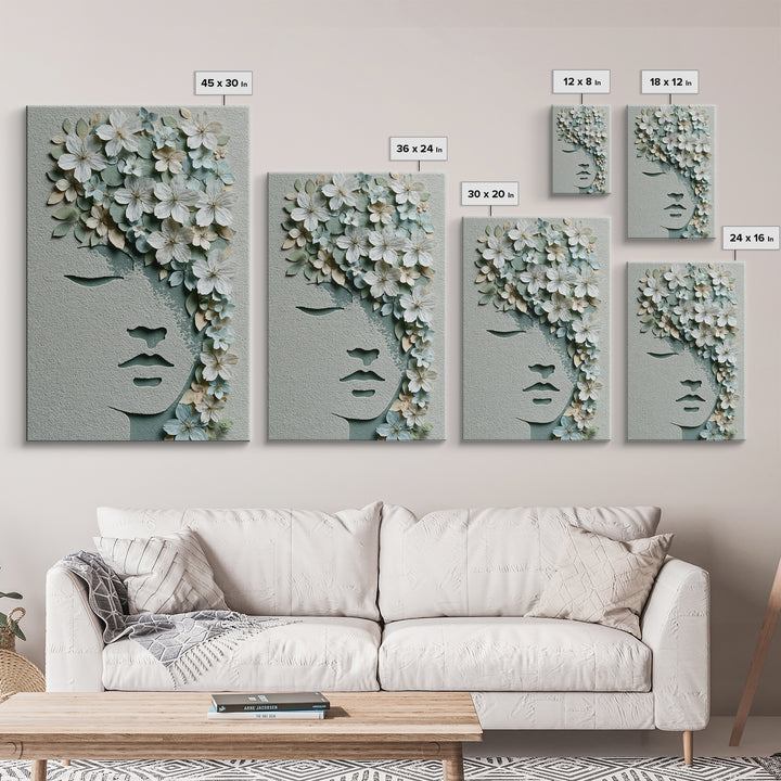 Minimal Face with Closed Eyes and Flowers Canvas Print, Spa Art, Spa Wall Art, Spa Decor, Watercolor Art, Serenity, SPA-2x3-99