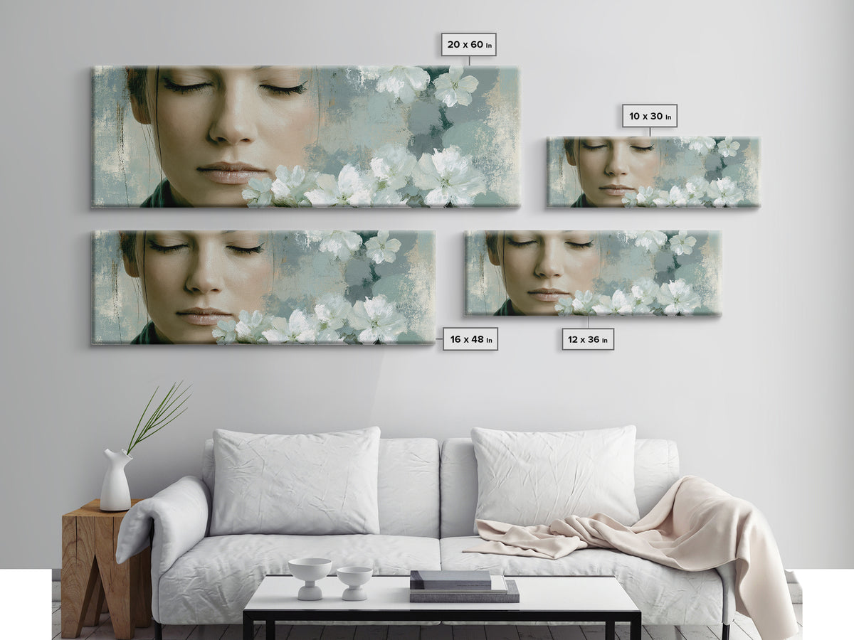 Minimal Face with Closed Eyes and Flowers Canvas Print, Spa Art, Wildlife Wall Art, Spa Decor, Serenity, Minimalist Decor, SPA-3x1-11