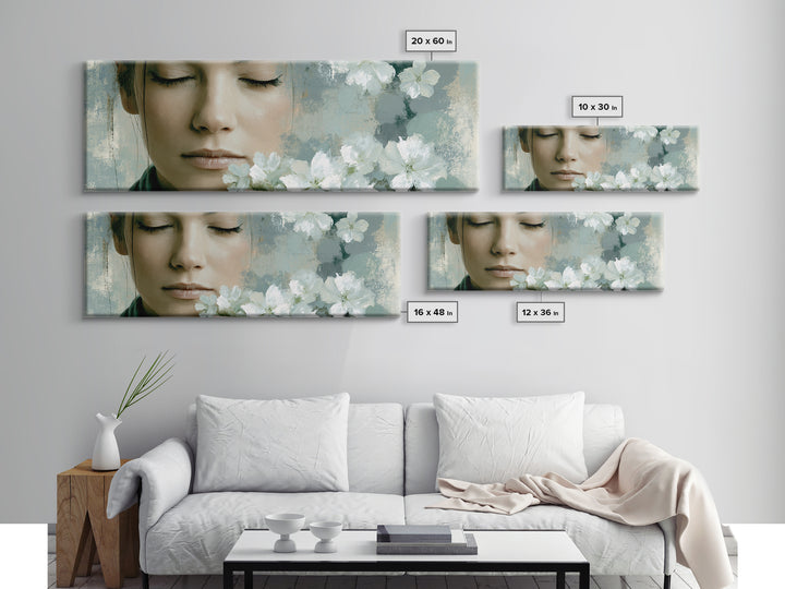 Minimal Face with Closed Eyes and Flowers Canvas Print, Spa Art, Wildlife Wall Art, Spa Decor, Serenity, Minimalist Decor, SPA-3x1-11