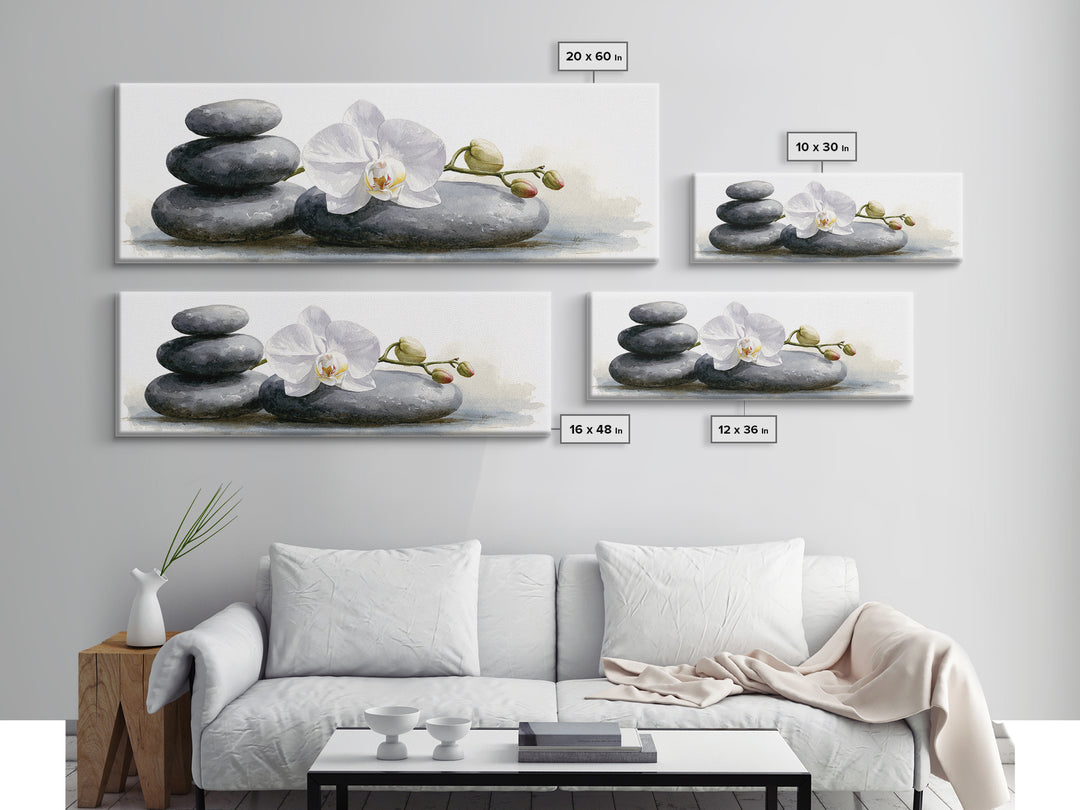 White Orchid on Smooth Gray Stone Canvas Print, Spa Art, Modern Home Decor, Spa Decor, Fine Art, Serenity, Neutral Decor, SPA-3x1-42