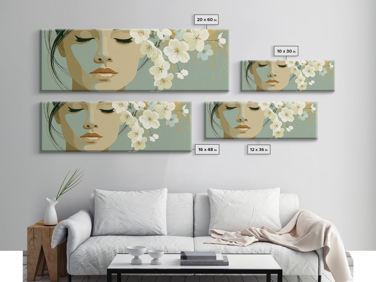 Minimal Face with Closed Eyes and Flowers Framed Canvas Print, Spa Art, Printable Wall Art, Spa Decor, Watercolor Art, Serenity, SPA-3x1-59