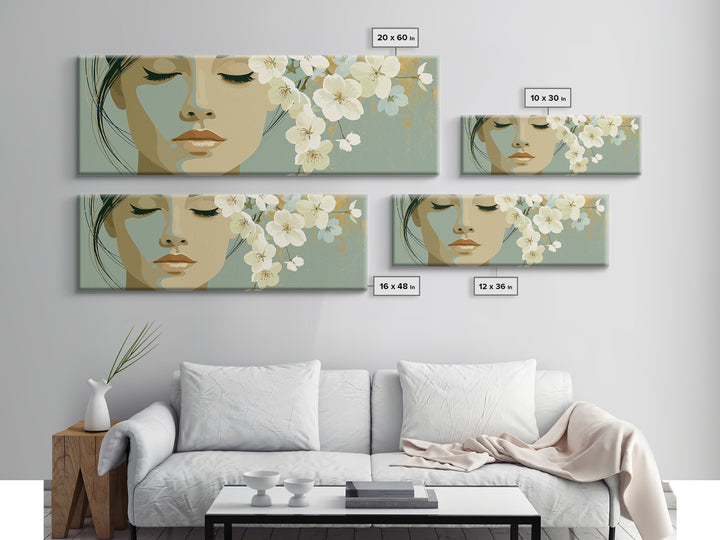 Minimal Face with Closed Eyes and Flowers Framed Canvas Print, Spa Art, Printable Wall Art, Spa Decor, Watercolor Art, Serenity, SPA-3x1-59