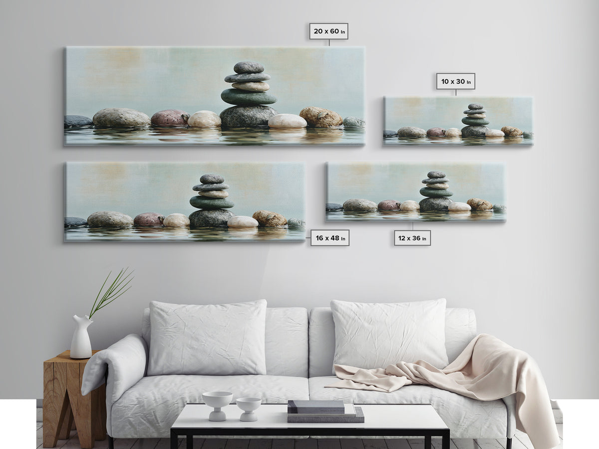 Stacked Stones Beside Calm Water Canvas Print, Spa Art, Wildlife Wall Art, Spa Decor, Watercolor Art, Serenity, SPA-3x1-65