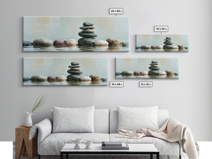 Stacked Stones Beside Calm Water Canvas Print, Spa Art, Wildlife Wall Art, Spa Decor, Watercolor Art, Serenity, SPA-3x1-65