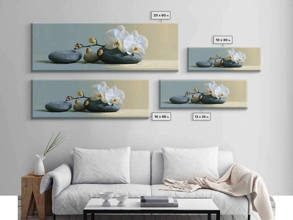 White Orchid on Smooth Gray Stone Canvas Print, Spa Art, Modern Home Decor, Spa Decor, Fine Art, Serenity, Neutral Decor, SPA-3x1-66
