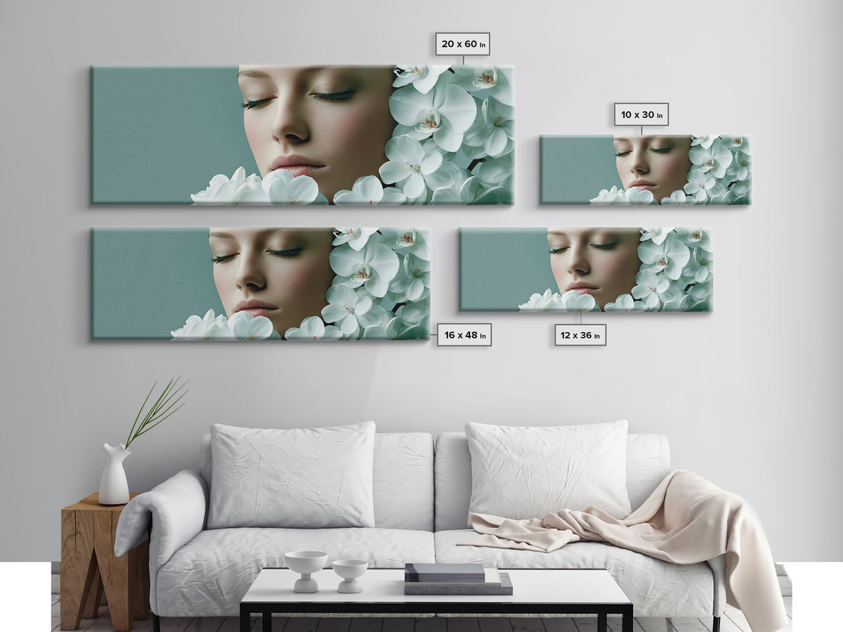 Minimal Face with Closed Eyes and Flowers Canvas Print, Spa Art, Travel Poster, Spa Decor, Watercolor Art, Serenity, SPA-3x1-83