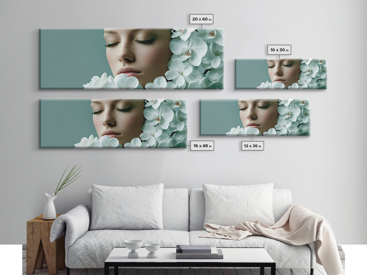 Minimal Face with Closed Eyes and Flowers Canvas Print, Spa Art, Travel Poster, Spa Decor, Watercolor Art, Serenity, SPA-3x1-83