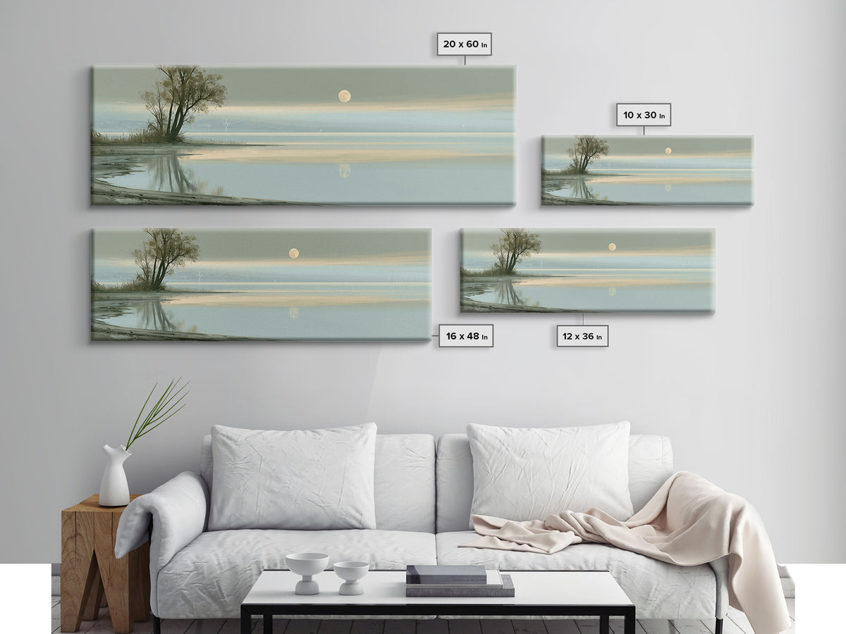 Moonlit Lake Reflection Framed Canvas Print, Spa Art, Abstract, Spa Decor, Watercolor Art, Serenity, City Art, Spa Wall Art, SPA-3x1-87