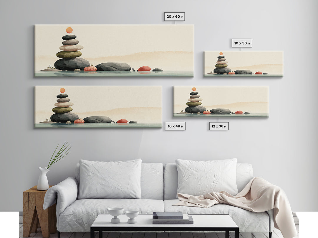 Stacked Stones Beside Calm Water Framed Canvas Print, Spa Art, Boho Decor, Spa Decor, Oil Painting, Serenity, Printable Art, SPA-3x1-89