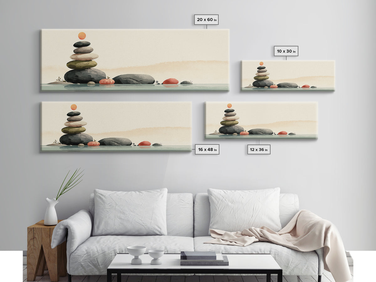 Stacked Stones Beside Calm Water Framed Canvas Print, Spa Art, Boho Decor, Spa Decor, Oil Painting, Serenity, Printable Art, SPA-3x1-89
