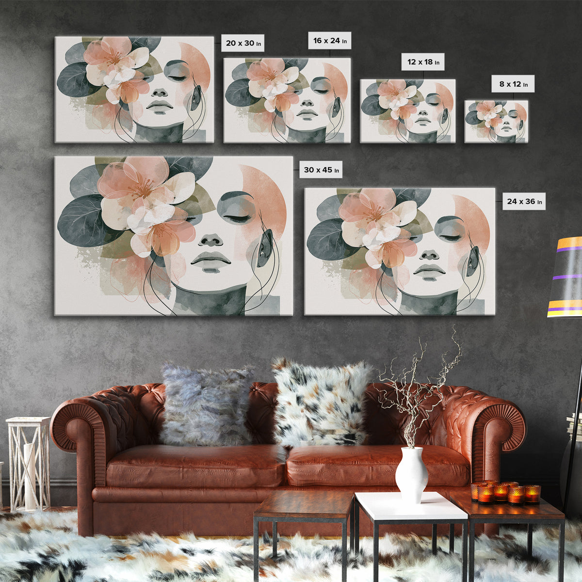 Minimal Face with Closed Eyes and Flowers Framed Canvas Print, Spa Art, Esthetician Decor, Spa Decor, Oil Painting, Serenity, SPA-3x2-23