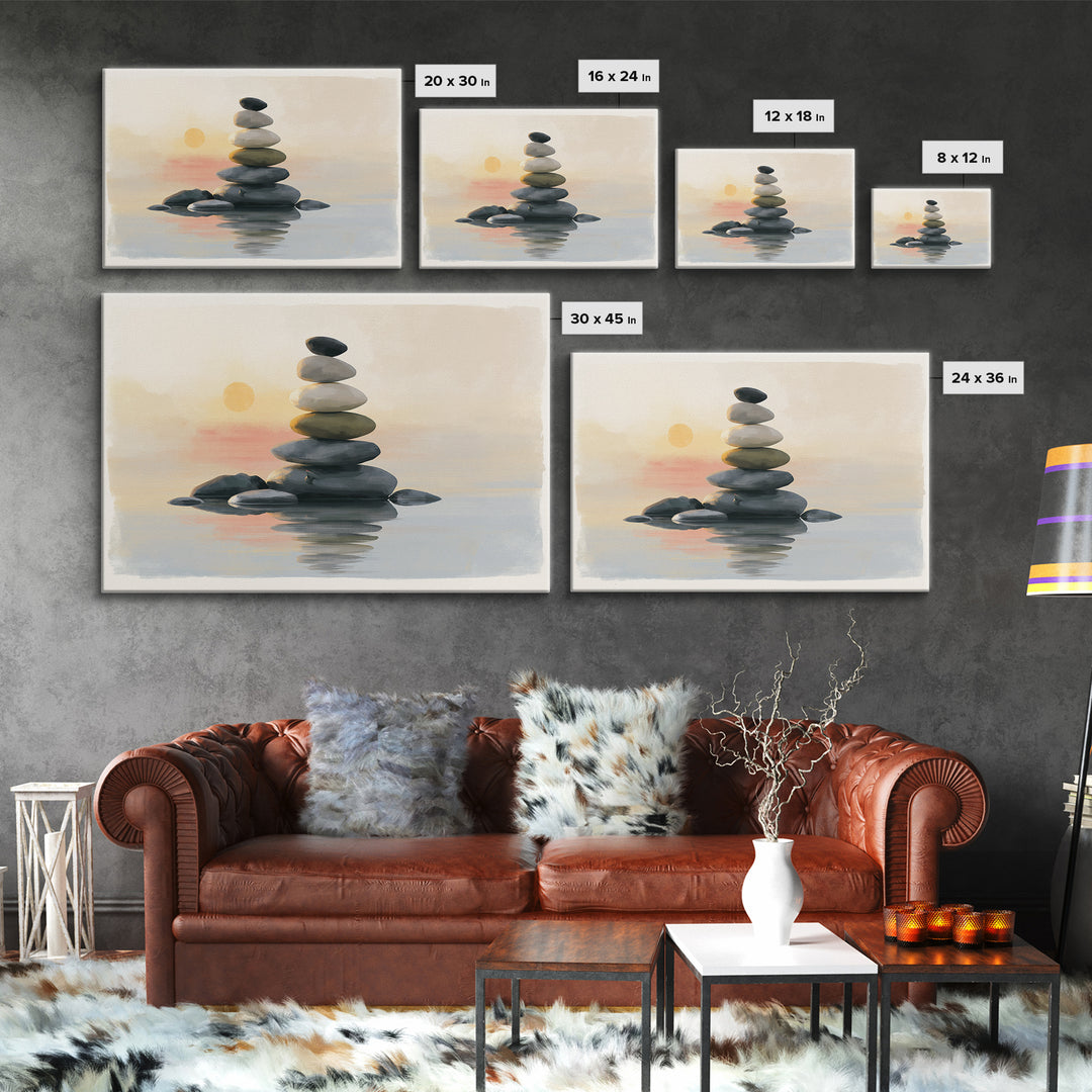 Stacked Stones Beside Calm Water Framed Canvas Print, Spa Art, Esthetician Decor, Spa Decor, Fine Art, Serenity, Room Decor, SPA-3x2-5