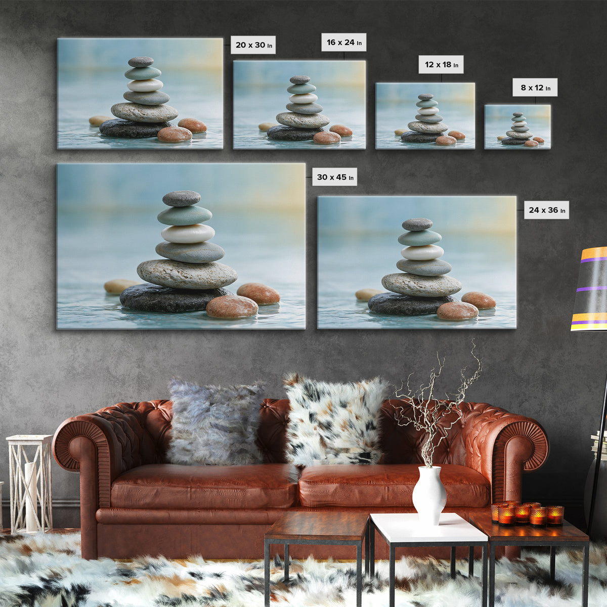 Stacked Stones Beside Calm Water Canvas Print, Spa Art, Modern Decor, Spa Decor, Fine Art, Serenity, Wall Decor, SPA-3x2-53