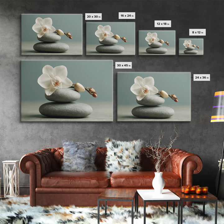 White Orchid on Smooth Gray Stone Framed Canvas Print, Spa Art, Feminine Wall Art, Spa Decor, Serenity, Hair Salon Wall Art, SPA-3x2-6