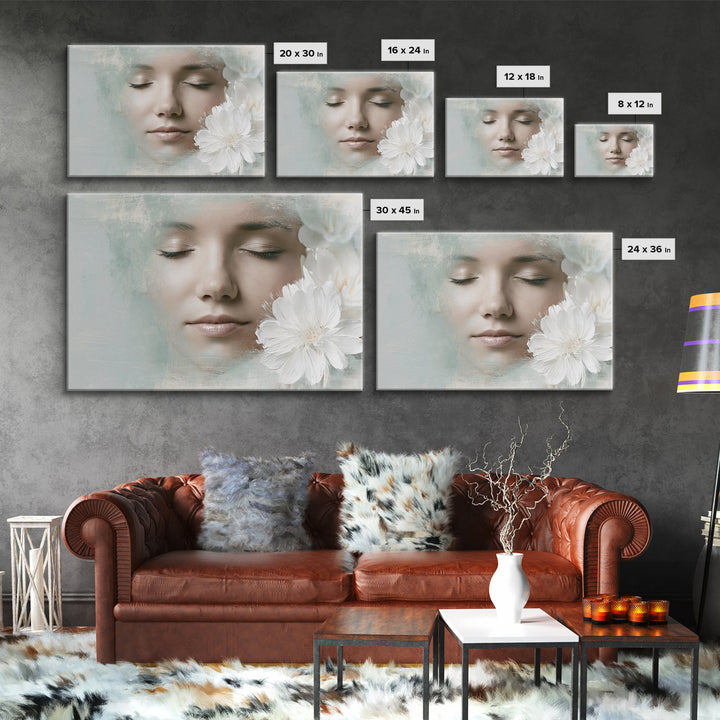 Minimal Face with Closed Eyes and Flowers Framed Canvas Print, Spa Art, Wildlife Wall Art, Spa Decor, Fine Art, Serenity, SPA-3x2-71