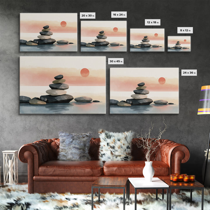 Stacked Stones Beside Calm Water Framed Canvas Print, Spa Art, Art Print, Spa Decor, Fine Art, Serenity, Botanical Art, SPA-3x2-77