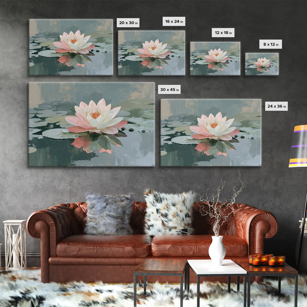 Lotus Flower Floating on Still Pond Framed Canvas Print, Spa Art, Home Decor, Spa Decor, Fine Art, Serenity, Dog Wall Art, SPA-3x2-80