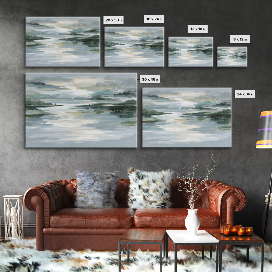 Moonlit Lake Reflection Framed Canvas Print, Spa Art, Abstract, Spa Decor, Watercolor Art, Serenity, City Art, Spa Wall Art, SPA-3x2-99